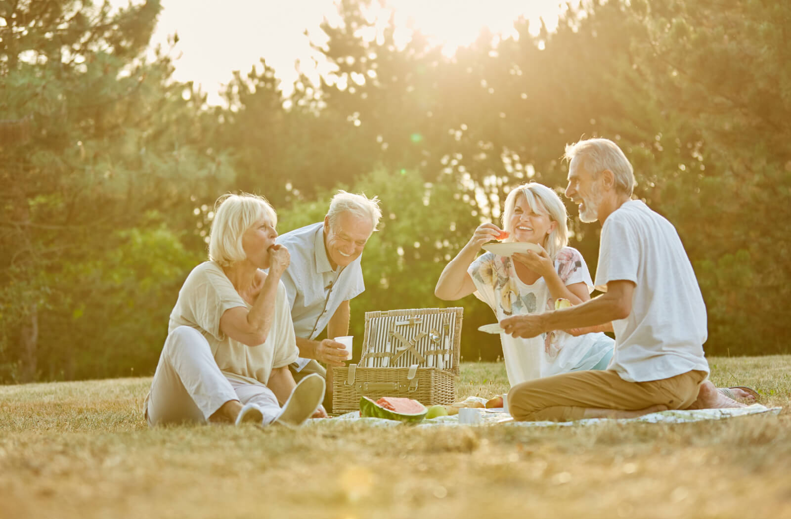 A group of older adults sitting outside for a sunlit picnic on a trip to Nashville.