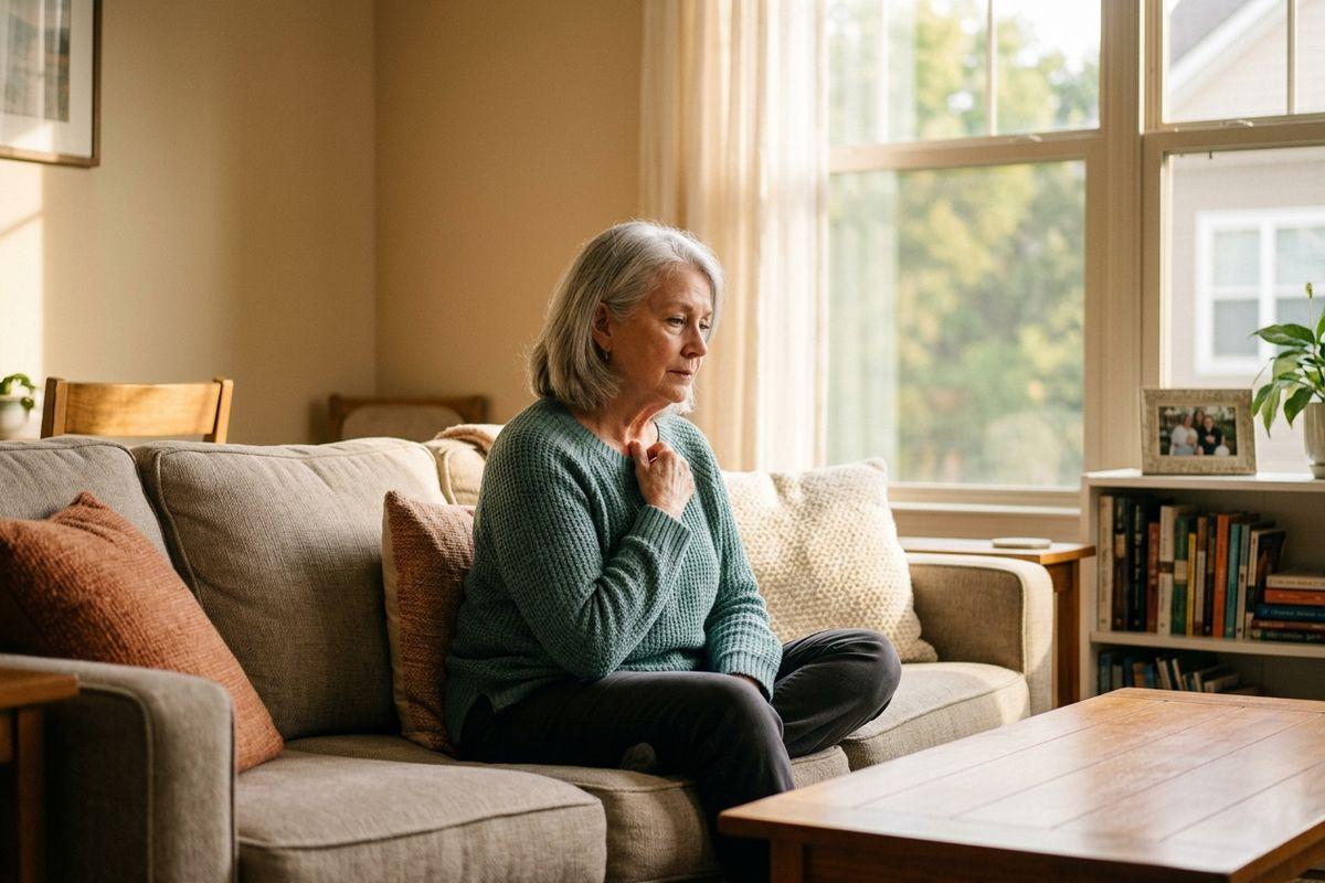 Older adult in a green sweater sits on a couch by a window, looking pensive, in a sunlit living room.