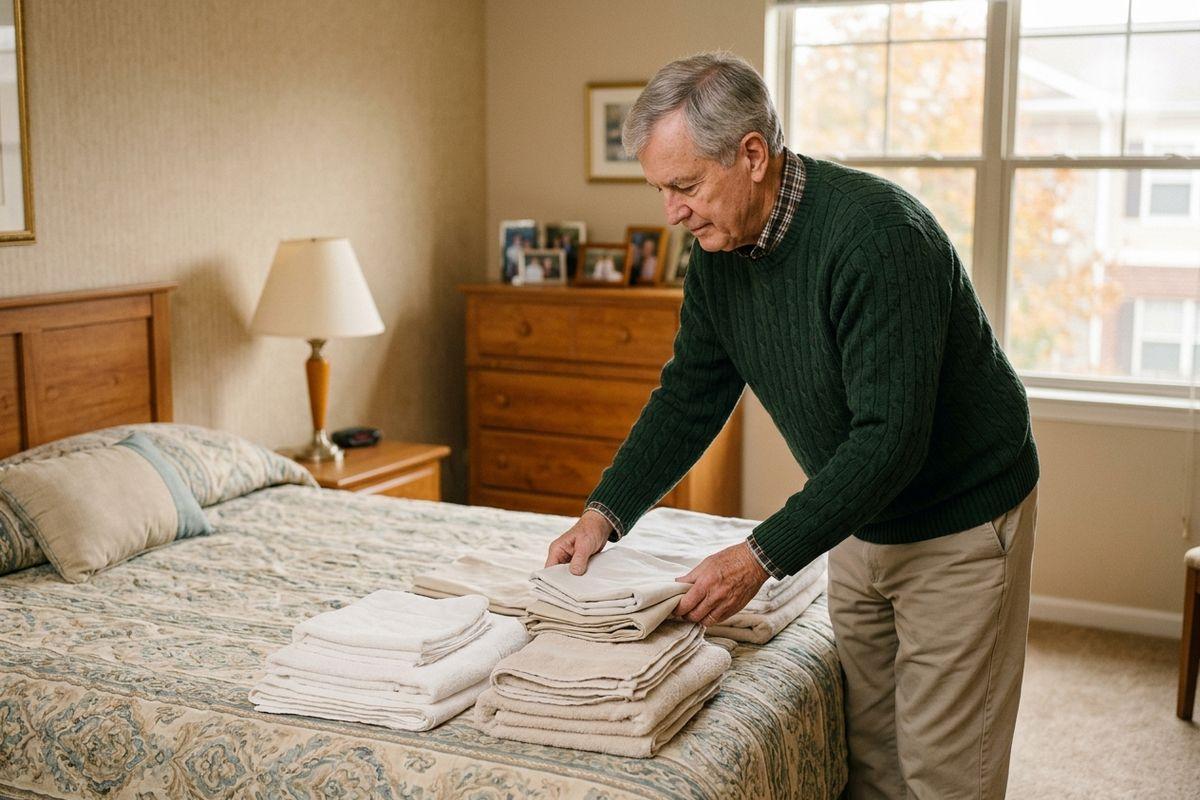 Older adult in a green sweater folding towels on a bed in a bedroom, with a dresser and window nearby.