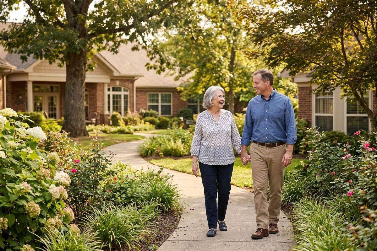 An older adult and their adult child holding hands, smiling, walking along a garden path with flowers past a brick building during a visit in assisted living.