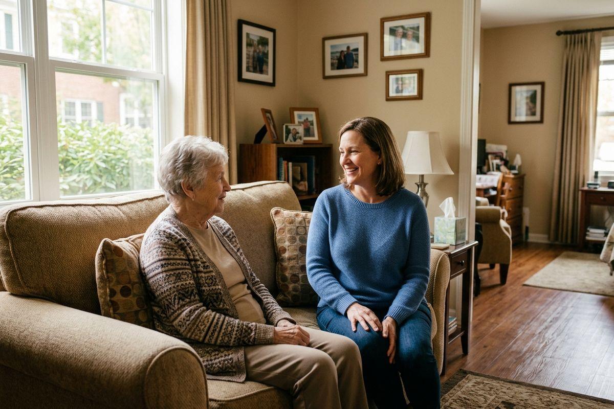 An older adult and their adult child sitting together on a couch in a living room, talking and smiling at each other during a visit in assisted living.